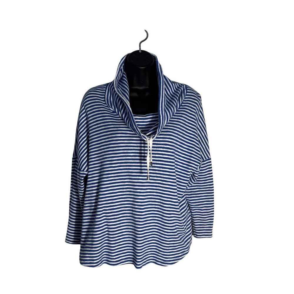 Jones New York Blue & White Striped Cowl Neck Long Sleeve Top M
